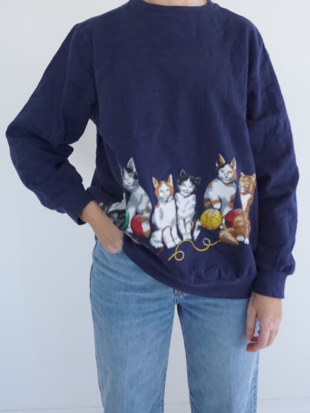 Vintage Blair Navy Cat Graphic Sweatshirt Cotton Kitten Yarn Cats Playful L